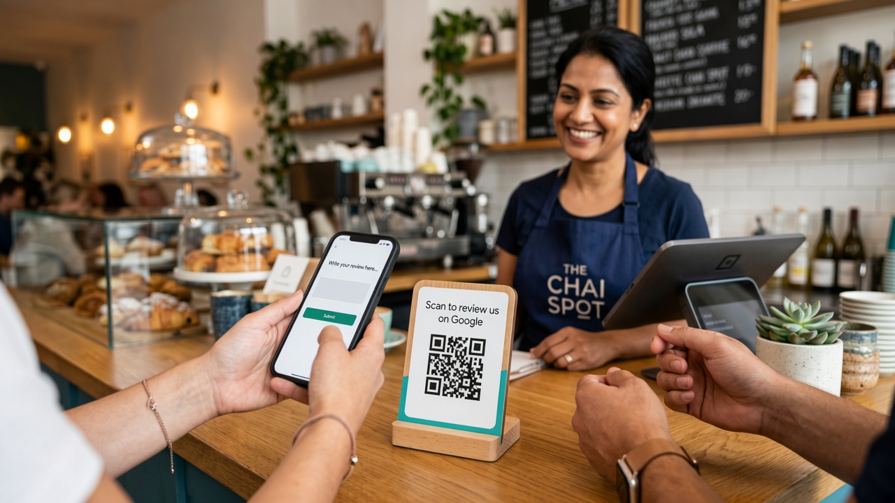 A customer scanning a QRJee Google Review QR code at a cafe counter while the owner smiles in the background