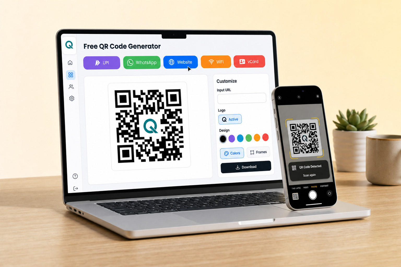 QRJee Free QR Code Generator dashboard showing UPI WhatsApp Website WiFi vCard QR code creation