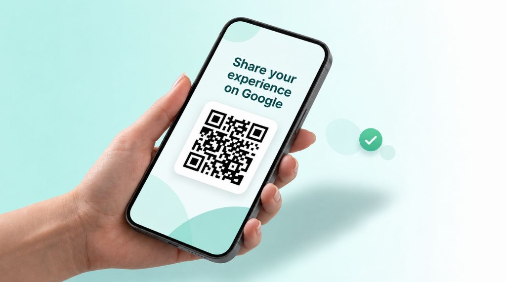 QRJee Google Review QR code on a phone, customer scanning to write a Google review